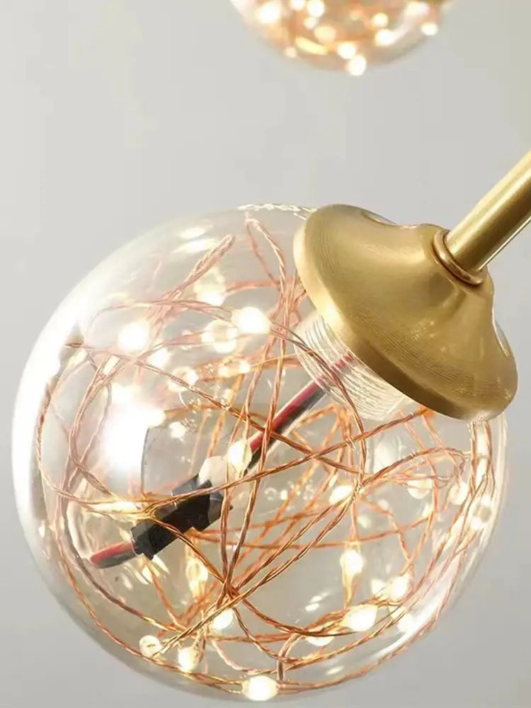 Decorbites glass ball branch chandelier with spherical glass pendant and copper wire fairy lights for living room lighting