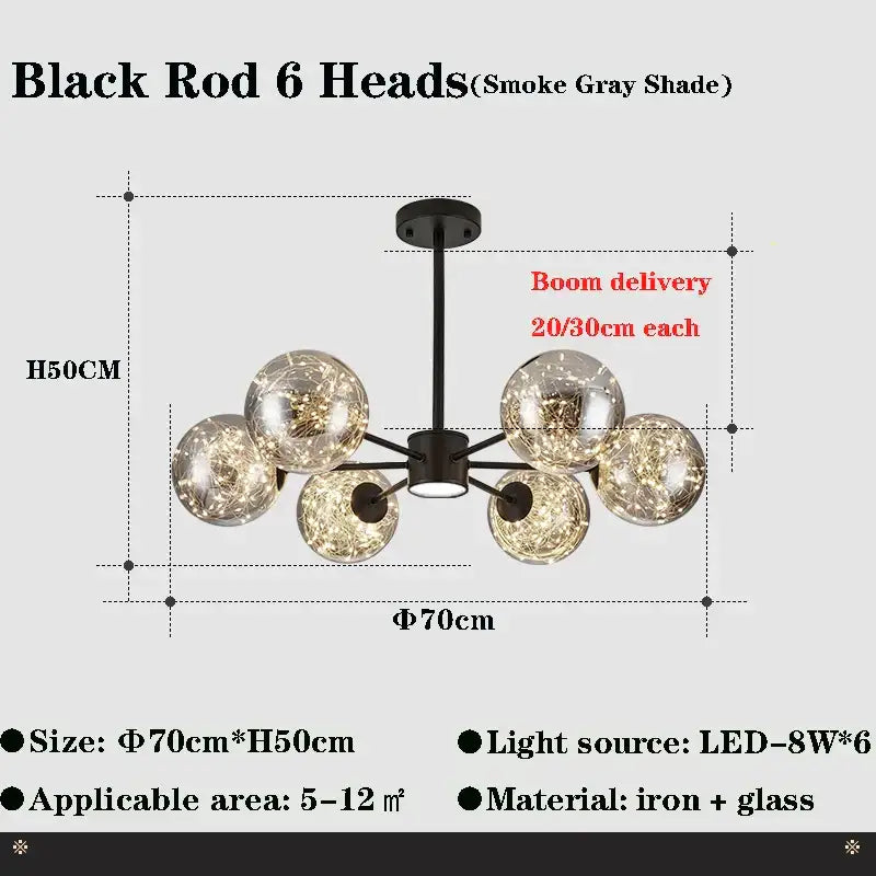 Decorbites glass ball branch chandelier with six smoke gray spherical glass shades and embedded led lights for living room