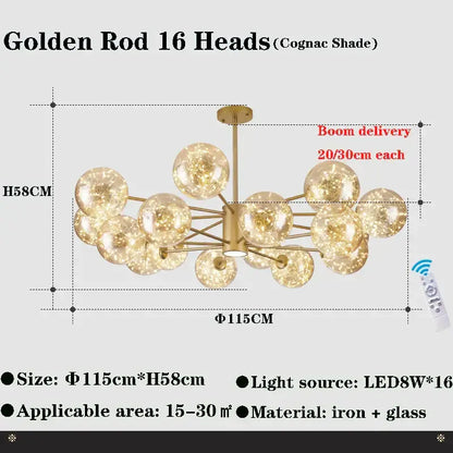 Decorbites glass ball branch ball branch chandelier with golden rod frame and cognac glass shades for living room lighting