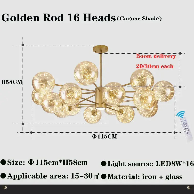 Decorbites glass ball branch ball branch chandelier with golden rod frame and cognac glass shades for living room lighting