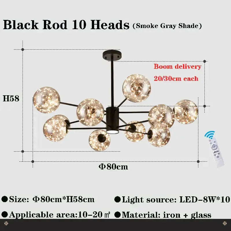 Decorbites glass ball branch chandelier with ten smoke gray glass shades in black rod for modern living room lighting