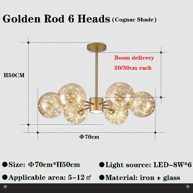 Golden rod 6 heads decorbites glass ball branch chandelier with cognac iron frame and textured glass globes for living room