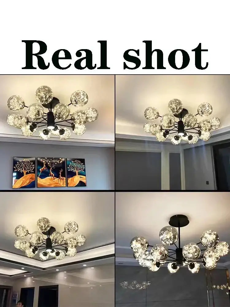 Modern black metal decorbites glass ball branch chandelier with clear bubble-like glass globes for living room lighting