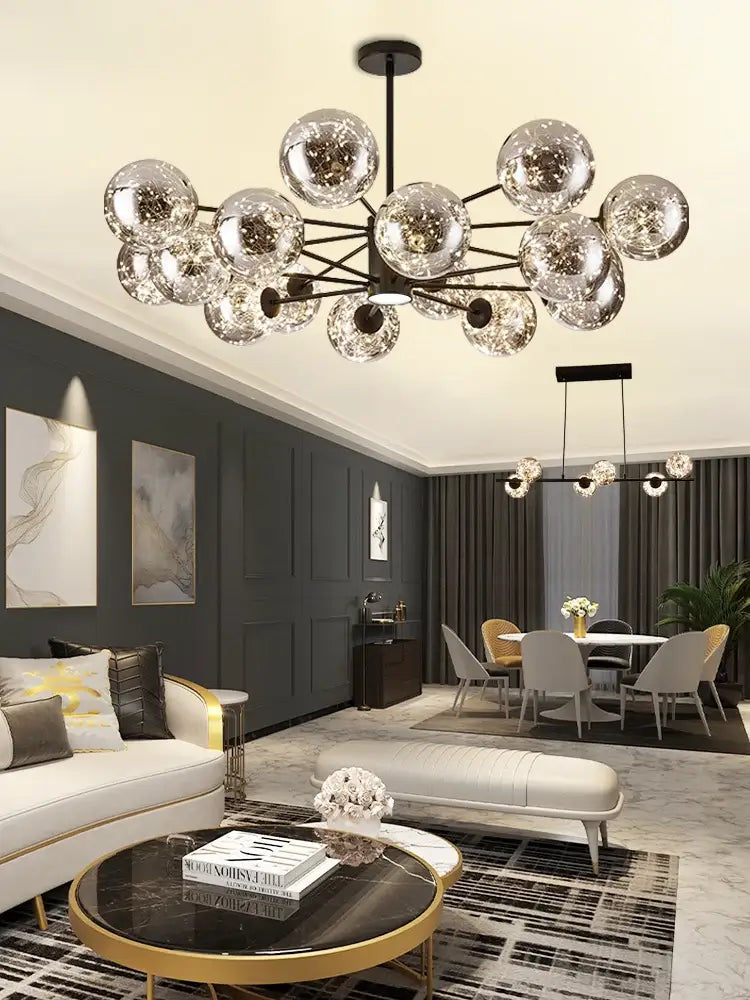 Modern decorbites glass ball branch chandelier with multiple spherical glass globes on black metal frame for living room lighting