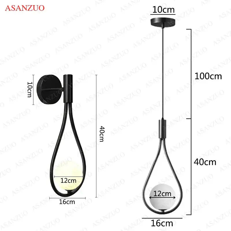 Black metal teardrop pendant light with frosted glass diffuser in decorbites glass ball brass nordic bedroom decor