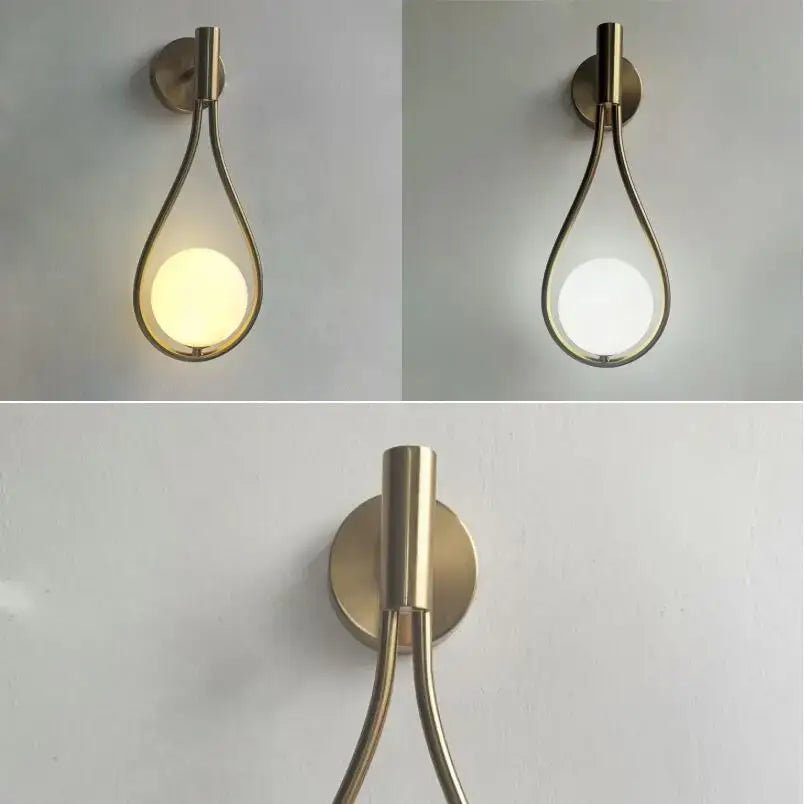 Brass teardrop-shaped decorbites glass ball wall lamp with curved metal frame and frosted glass diffuser for bedroom lighting