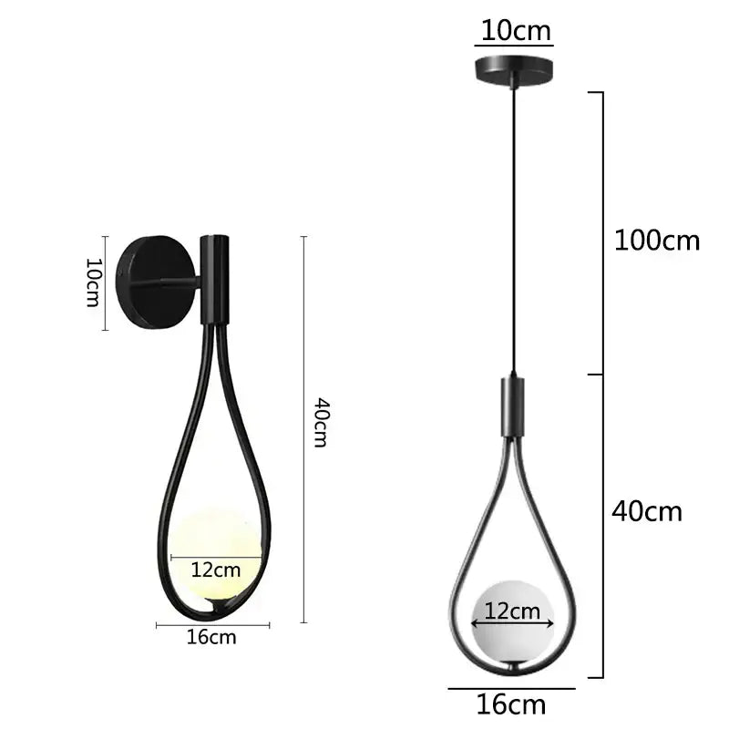 Black teardrop-shaped wall lamp with sleek metal frame in decorbites glass ball brass for bedroom lighting