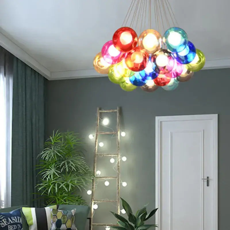 A vibrant multi-colored glass ball bubble chandelier by DecorBites glass ball for modern living spaces and stores