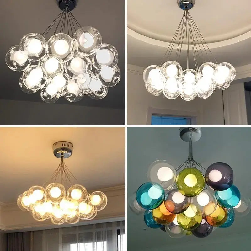 Modern decorbites glass ball bubble chandelier with clear and colored glass bulbs suspended by metal chains for living spaces