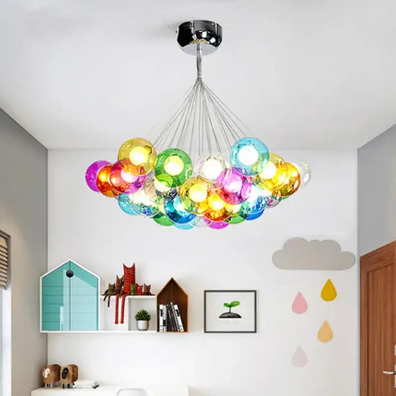 DecorBites glass ball bubble chandelier with colorful glass orbs in chrome fixture for modern living spaces