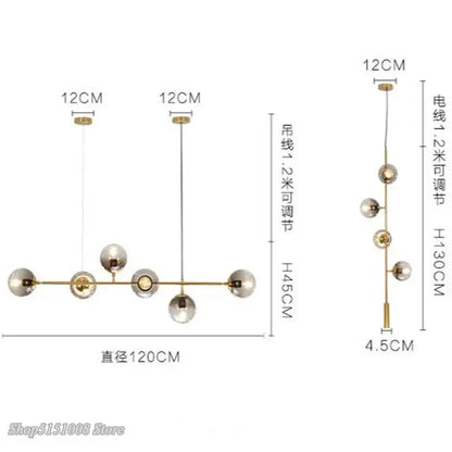 Modern brass-toned decorbites glass ball bubble led chandelier with spherical glass globes and adjustable hanging wires
