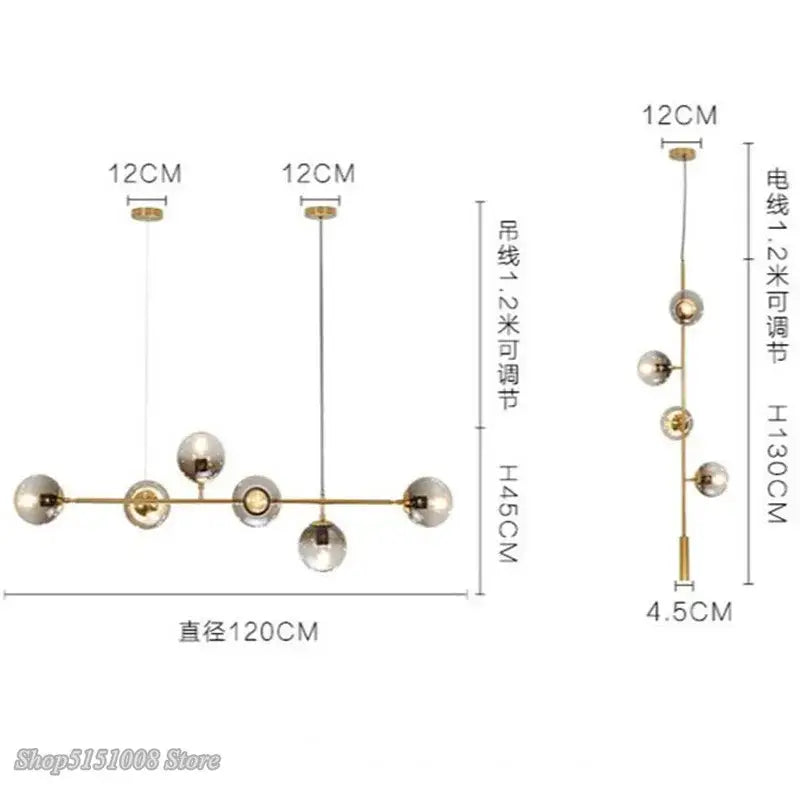 Modern brass-toned decorbites glass ball bubble led chandelier with spherical glass globes and adjustable hanging wires