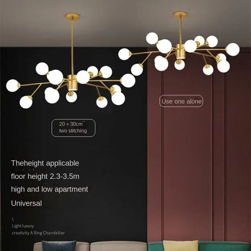 Gold-toned DecorBites™ glass ball ceiling chandelier with white spherical glass globes for bedroom dining living room lighting