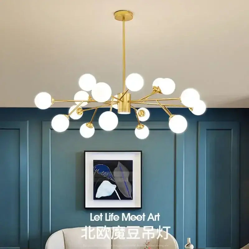 Gold-toned decorbites glass ball ceiling chandelier with multiple white glass bulbs for bedroom dining living room lighting