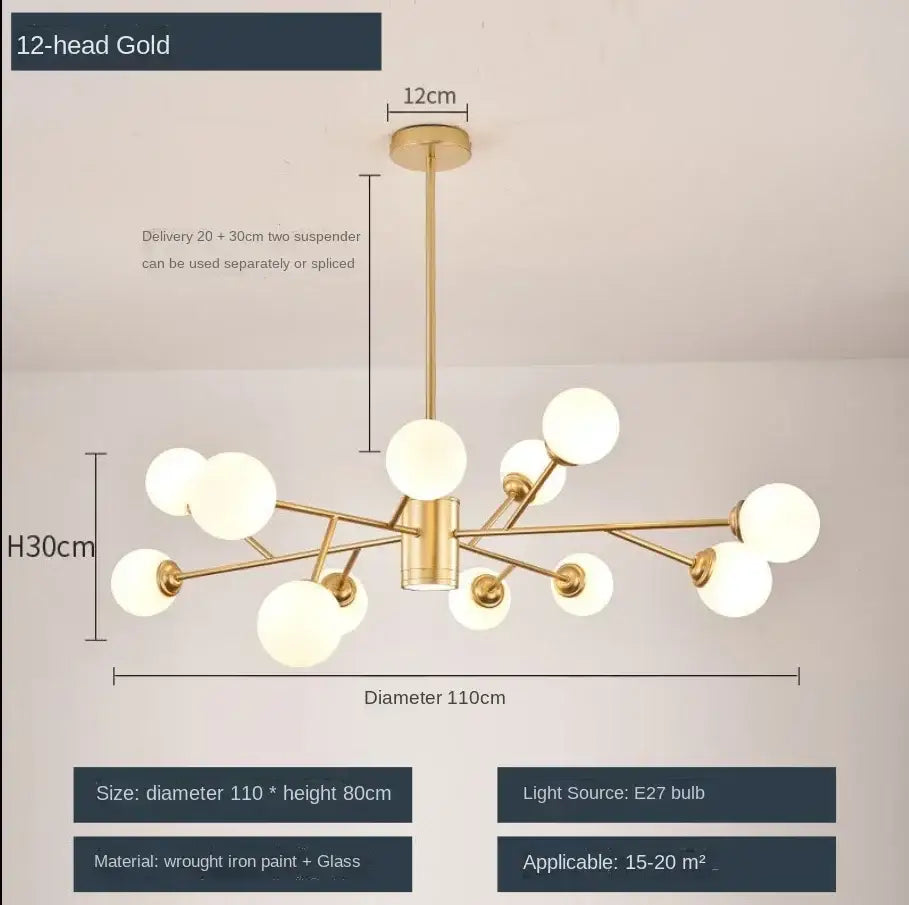 Gold-finished DecorBites glass ball ceiling chandelier with 12 frosted glass globe shades for bedroom and dining lighting