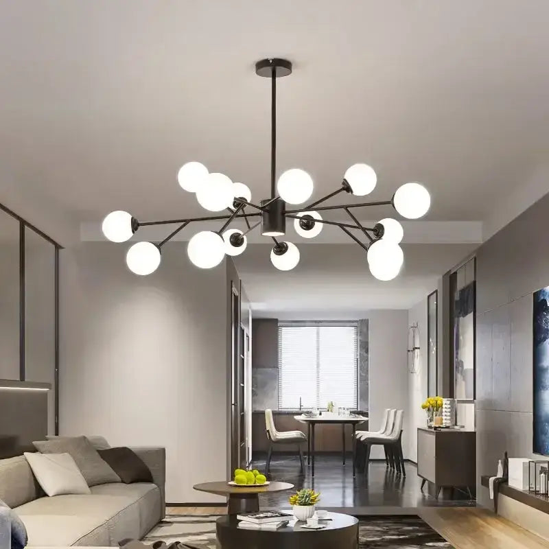 Modern black metal decorbites glass ball chandelier with multiple white glass globes for bedroom dining living room lighting
