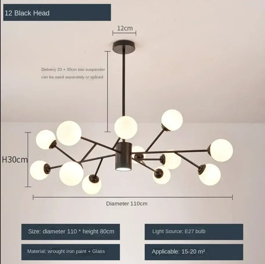 Black wrought iron decorbites glass ball ceiling chandelier with twelve frosted glass globes for bedroom lighting