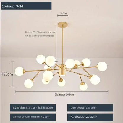 Decorbites glass ball 15-head gold-finished glass ball ceiling chandelier for bedroom dining living room lighting