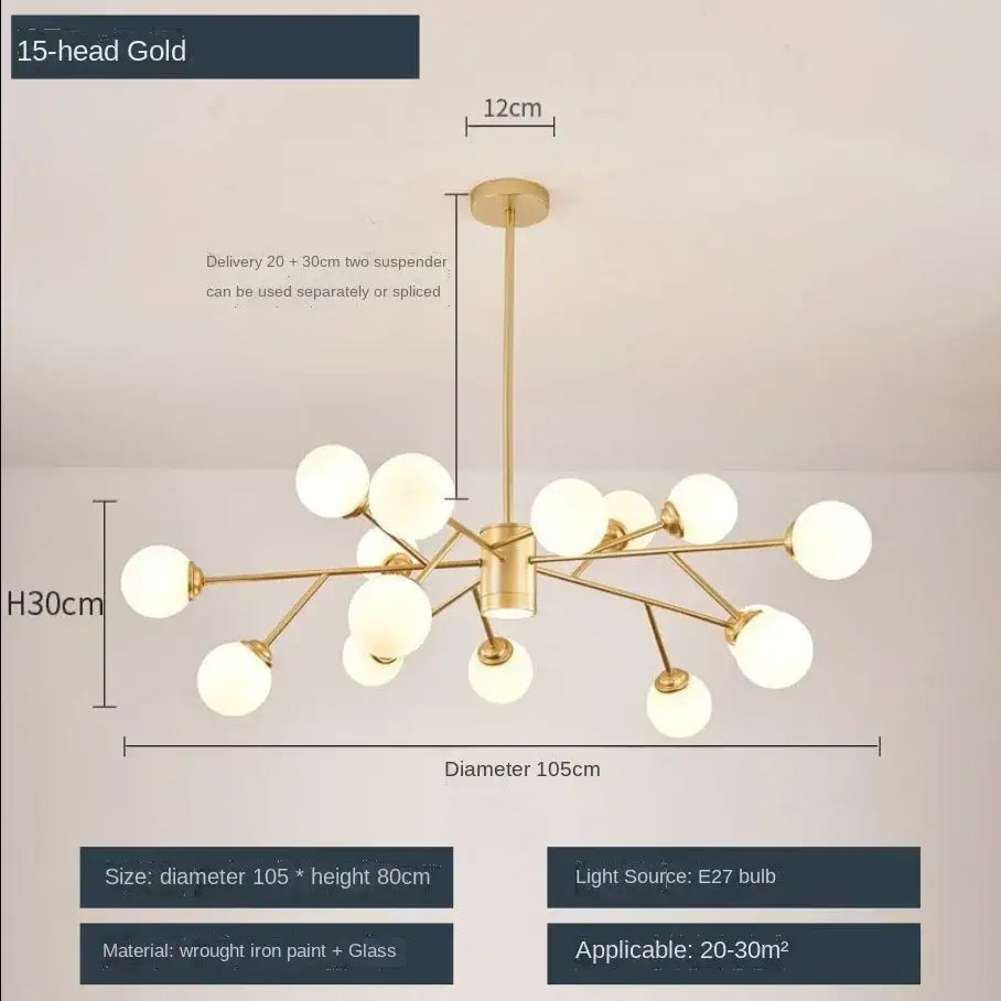 Decorbites glass ball 15-head gold-finished glass ball ceiling chandelier for bedroom dining living room lighting