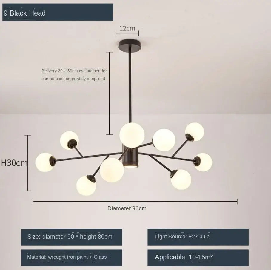 Modern black wrought iron decorbites glass ball ceiling chandelier with nine frosted globe lights for living room lighting