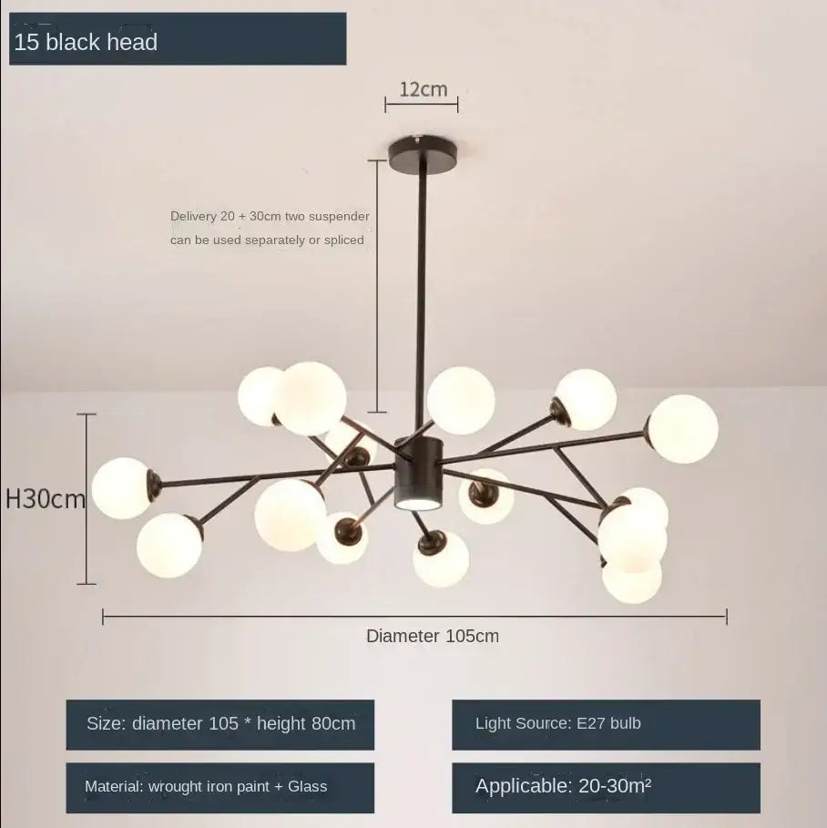 Black wrought iron decorbites glass ball ceiling ball ceiling chandelier with 15 frosted glass globe lights for living room