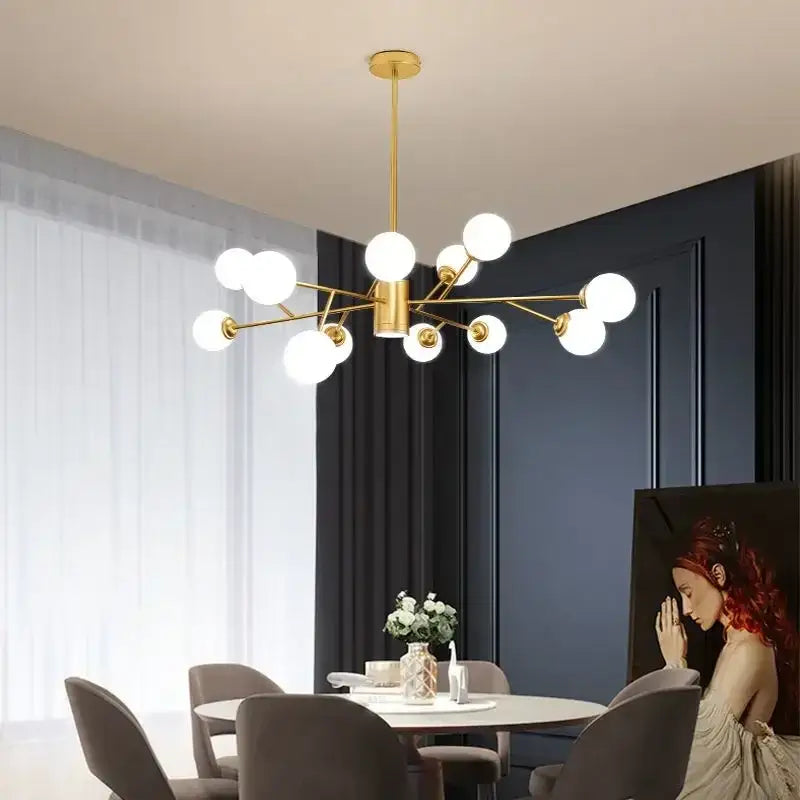 DecorBites glass ball ceiling chandelier in gold tone with white glass bulbs for bedroom dining living room lighting