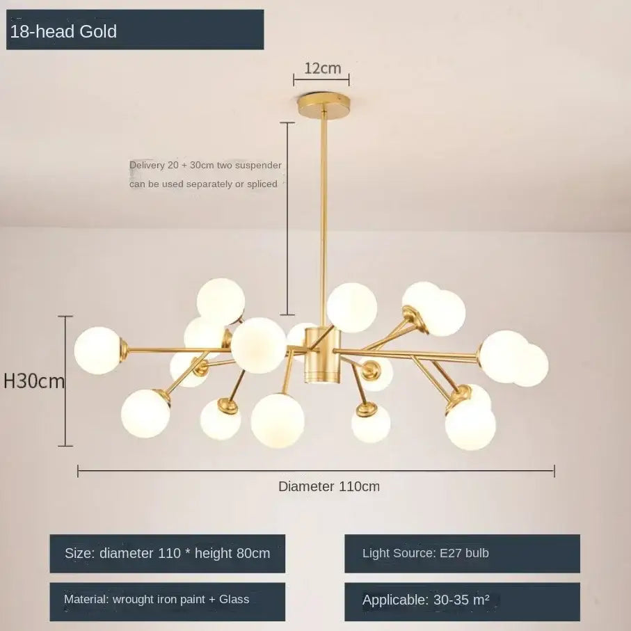 DecorBites glass ball 18-head gold-finished ball ceiling chandelier with spherical glass globes for bedroom lighting