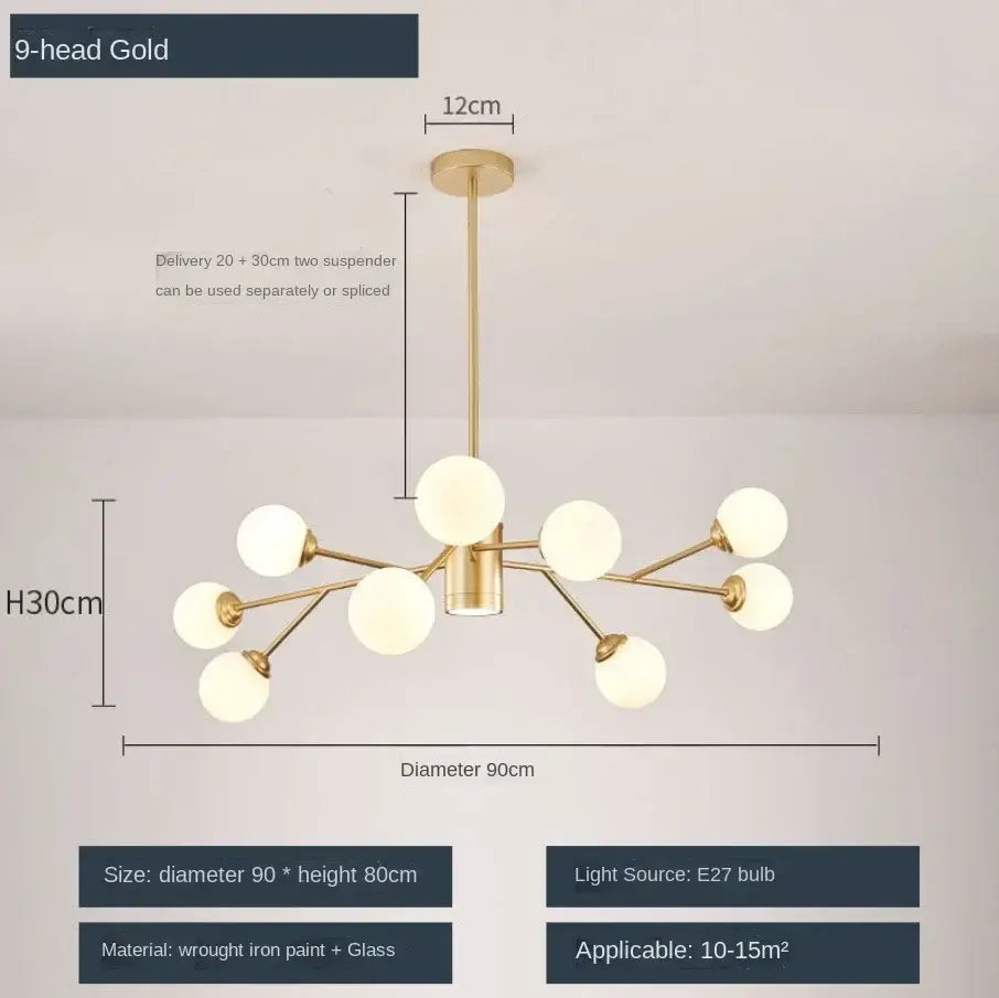Decorbites glass ball 9-head ball ceiling chandelier in gold with frosted glass globes and wrought iron arms for living room lighting