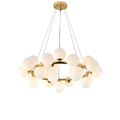 Gold-toned decorbites glass ball ceiling chandelier with frosted glass globe bulbs in modern circular design for living rooms
