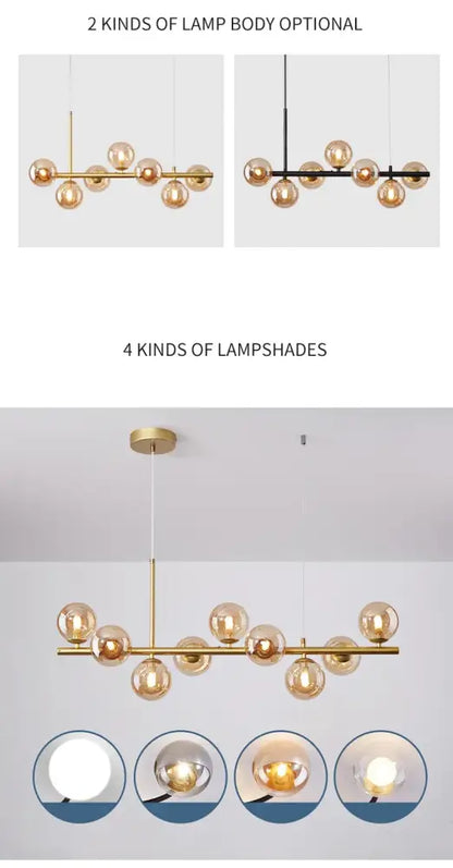 Gold-toned DecorBites™ glass ball ceiling chandelier with sleek horizontal bar and multiple spherical glass shades for dining room
