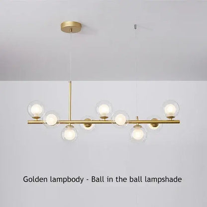 Golden DecorBites™ glass ball ceiling chandelier with spherical glass shades housing illuminated bulbs for home decor