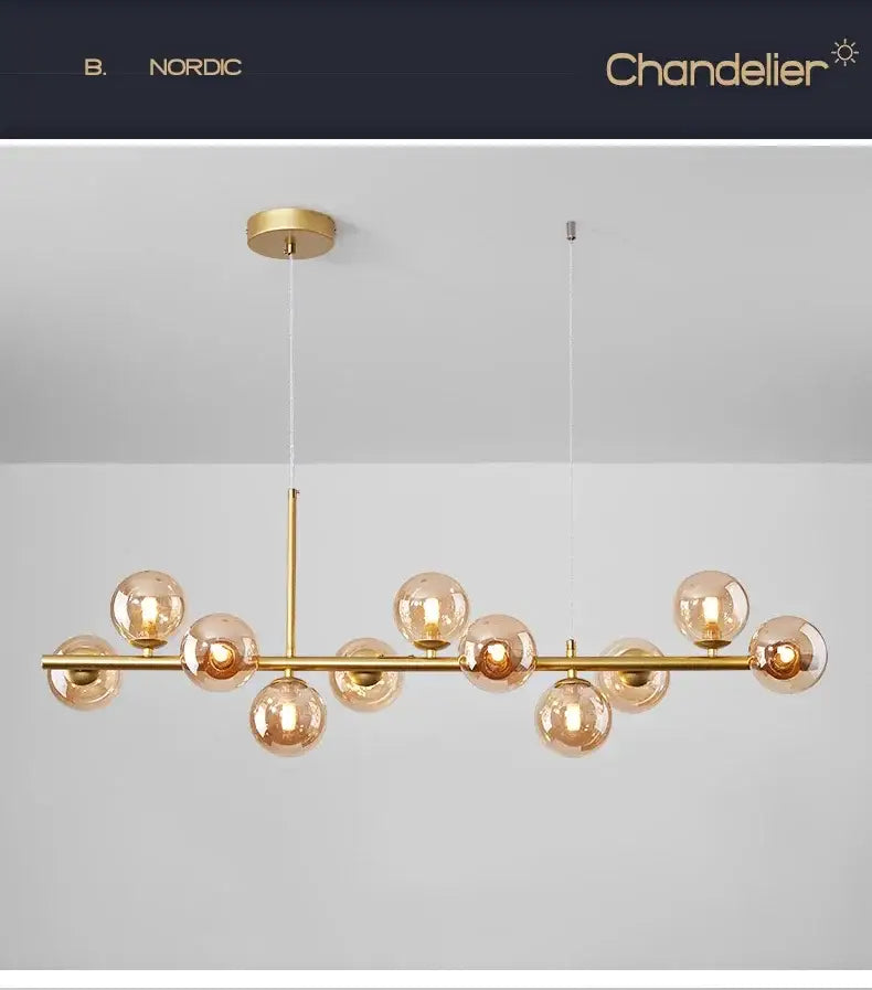 Gold-toned decorbites™ ball ceiling chandelier with amber glass globe bulbs on a sleek horizontal bar for home lighting