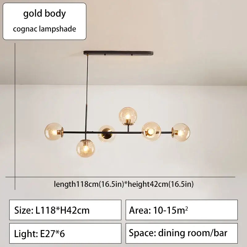 Modern gold-toned decorbites glass ball ceiling chandelier with six cognac glass lampshades for kitchen dining room