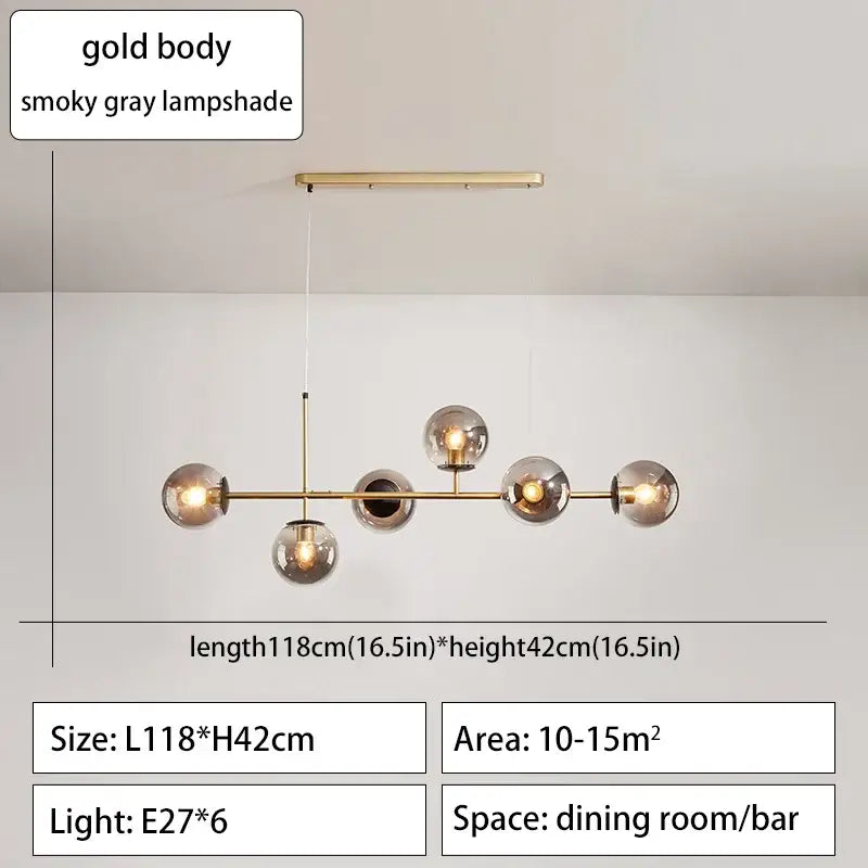 Decorbites glass ball ceiling chandelier with six smoky gray glass globes and gold-toned modern frame for kitchen dining living room