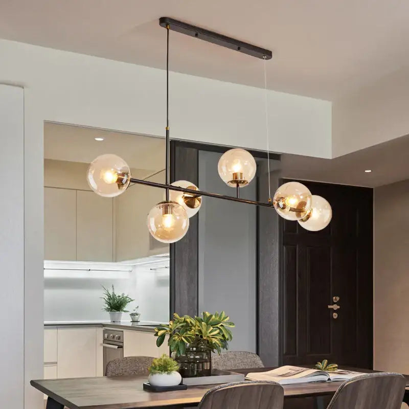 Modern black metal decorbites glass ball ceiling chandelier with five clear glass globe bulbs for kitchen dining living room