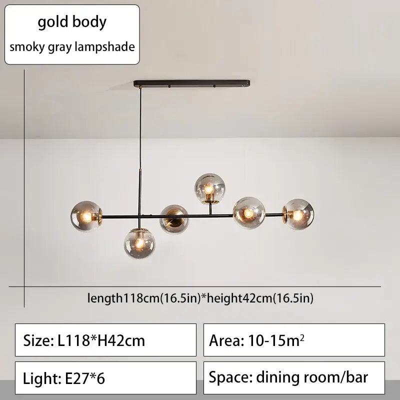 Gold body decorbites glass ball ceiling chandelier with smoky gray glass lampshades for kitchen dining living room