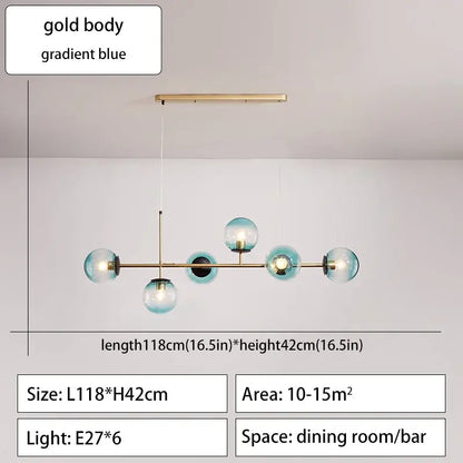 Modern gold-toned decorbites glass ball ceiling chandelier with six gradient blue glass globe bulbs for dining room