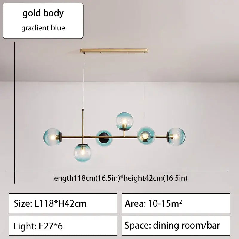Modern gold-toned decorbites glass ball ceiling chandelier with six gradient blue glass globe bulbs for dining room