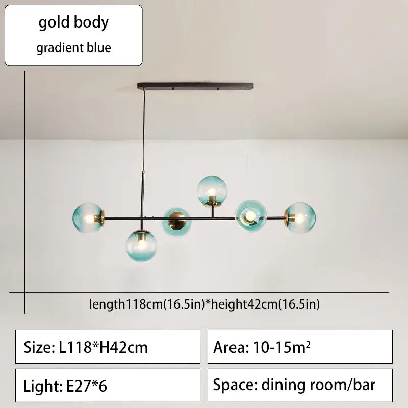 Modern DecorBites glass ball ceiling chandelier with gold body and gradient blue glass spheres for kitchen and dining room