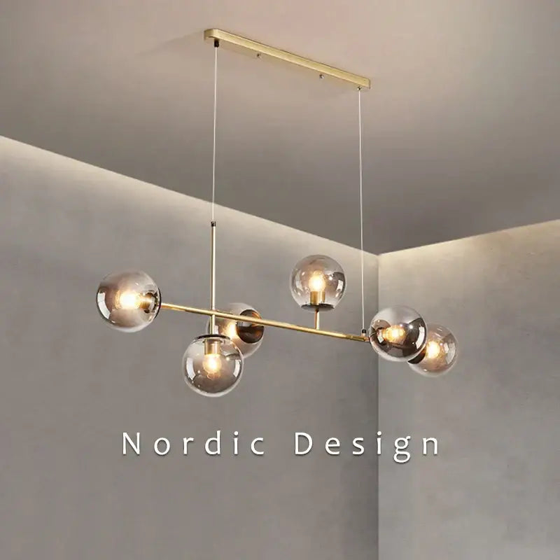Modern brass and smoked glass DecorBites glass ball ceiling chandelier with spherical bulbs for kitchen dining living room