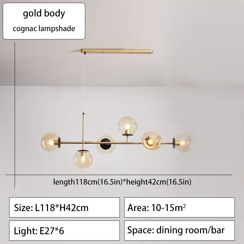 Gold-toned decorbites glass ball ceiling chandelier with six cognac glass lampshades for kitchen dining living room