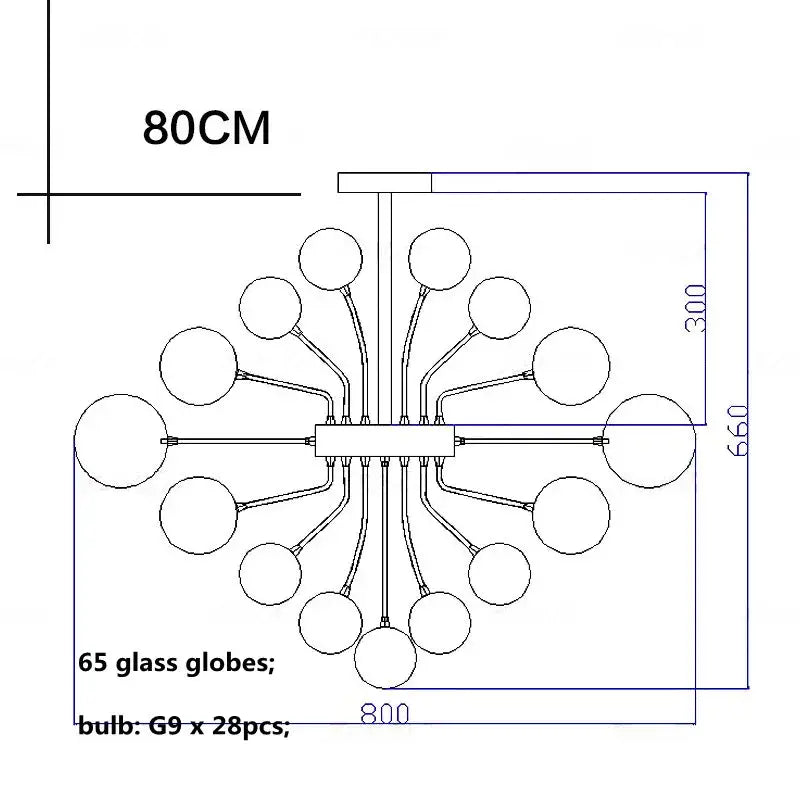 DecorBites glass ball ceiling chandelier 80cm wide with 65 glass globes and g9 bulbs for living room lighting