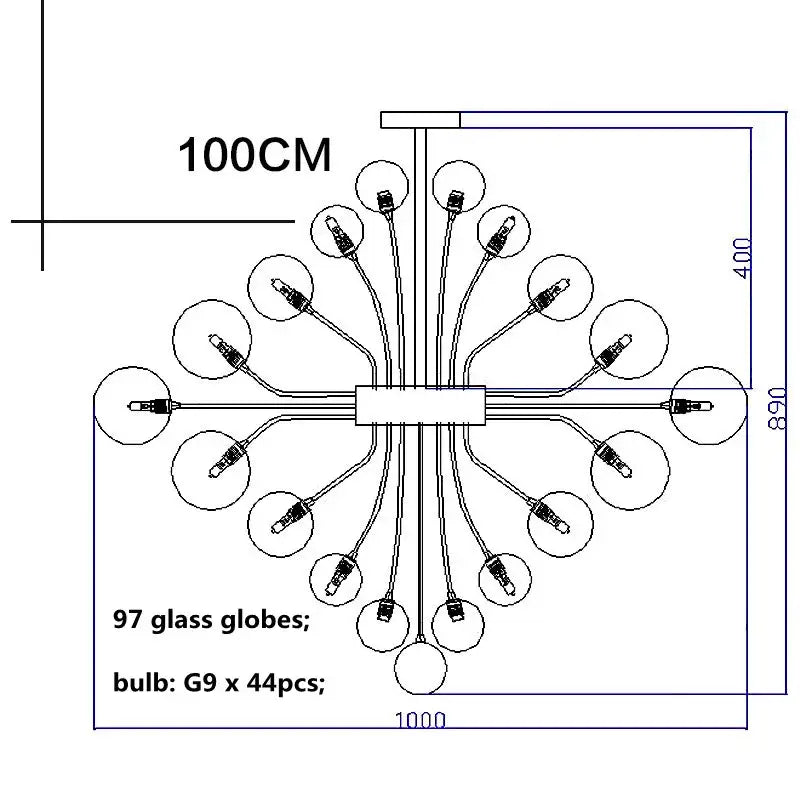 A decorbites glass ball ceiling chandelier with 97 glass globes and g9 bulbs in a symmetrical radial pattern