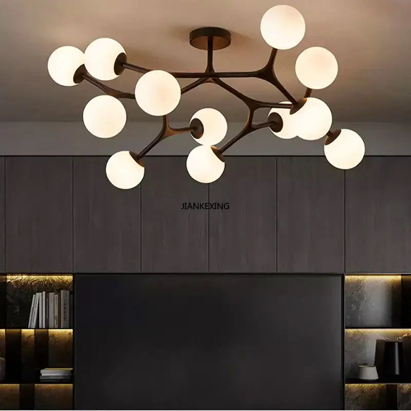Modern bronze-finished decorbites glass ball ceiling chandelier with frosted globe bulbs in branching tree design