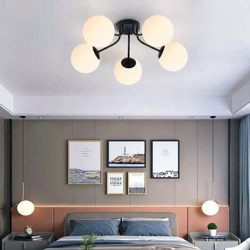 Modern black metal DecorBites glass ball ceiling chandelier pendant lamp with five frosted glass globe lights for bedroom