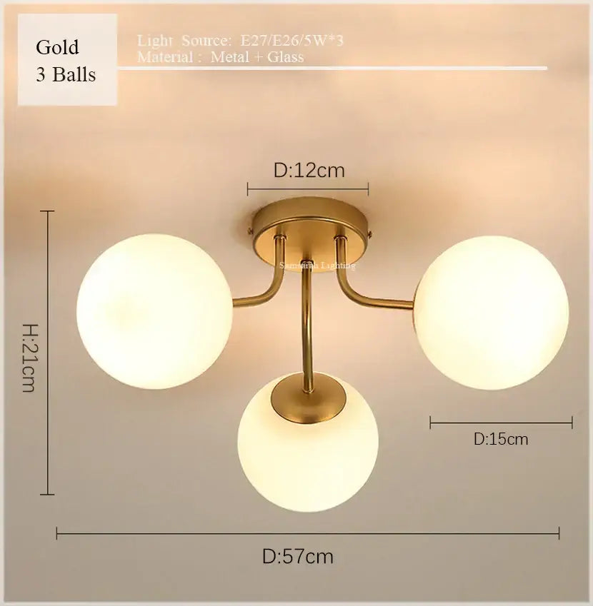 Gold three-ball decorbites glass ball ceiling light with frosted glass globes and metal arms for modern bedroom