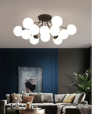 Modern ceiling light fixture featuring multiple white glass ball globes clustered around a dark metal base by DecorBites glass ball ceiling chandelier