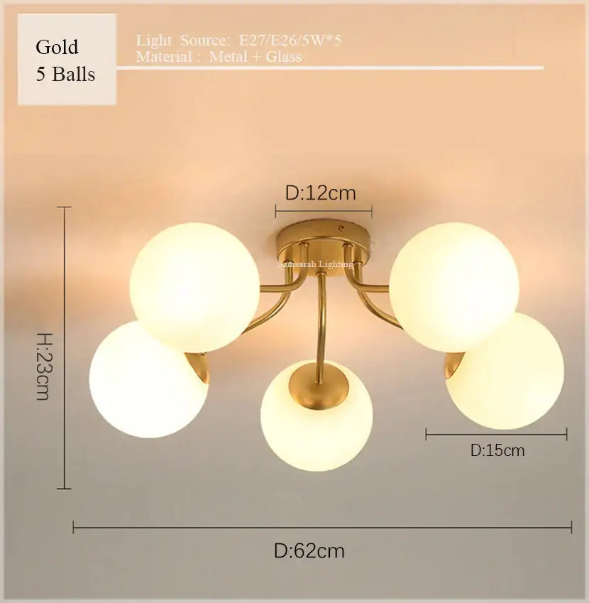 Gold-colored decorbites glass ball ceiling chandelier pendant lamp with five frosted glass ball bulbs for modern living room