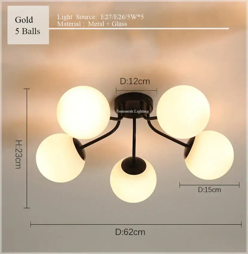 Gold-finished decorbites glass ball ceiling light fixture with five frosted glass globe bulbs for modern living bedroom