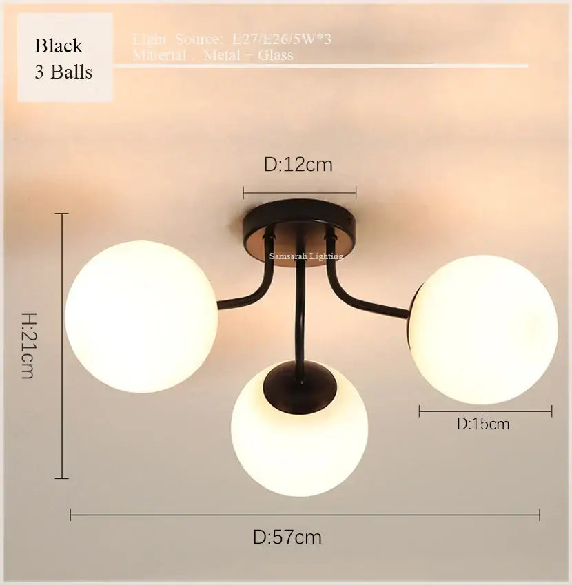 Decorbites glass ball ceiling chandelier pendant lamp with black metal frame and three frosted glass balls for modern living